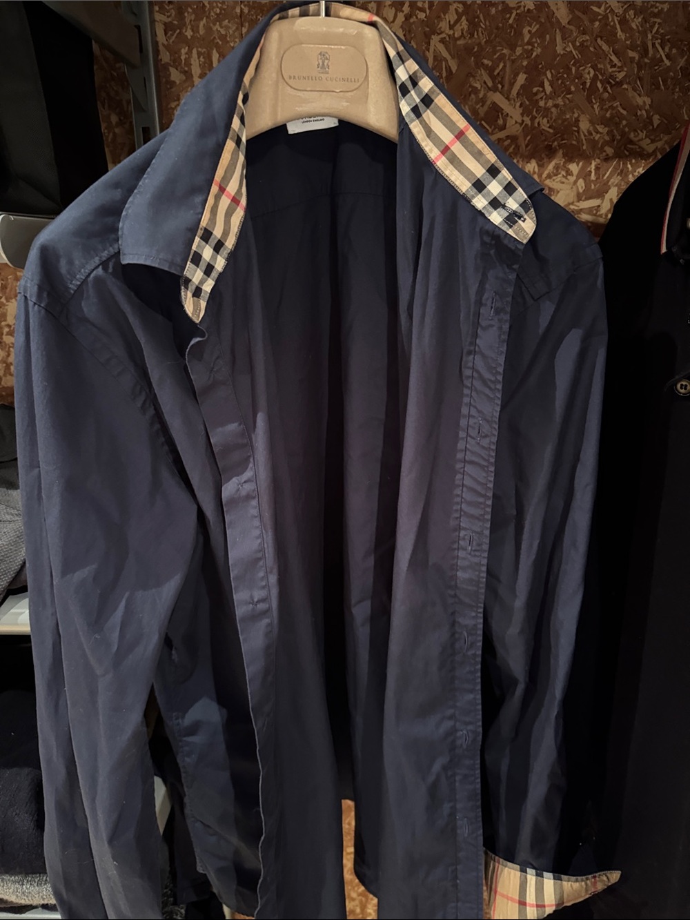 Burberry Navy Button-Down Shirt with Classic Check Trim